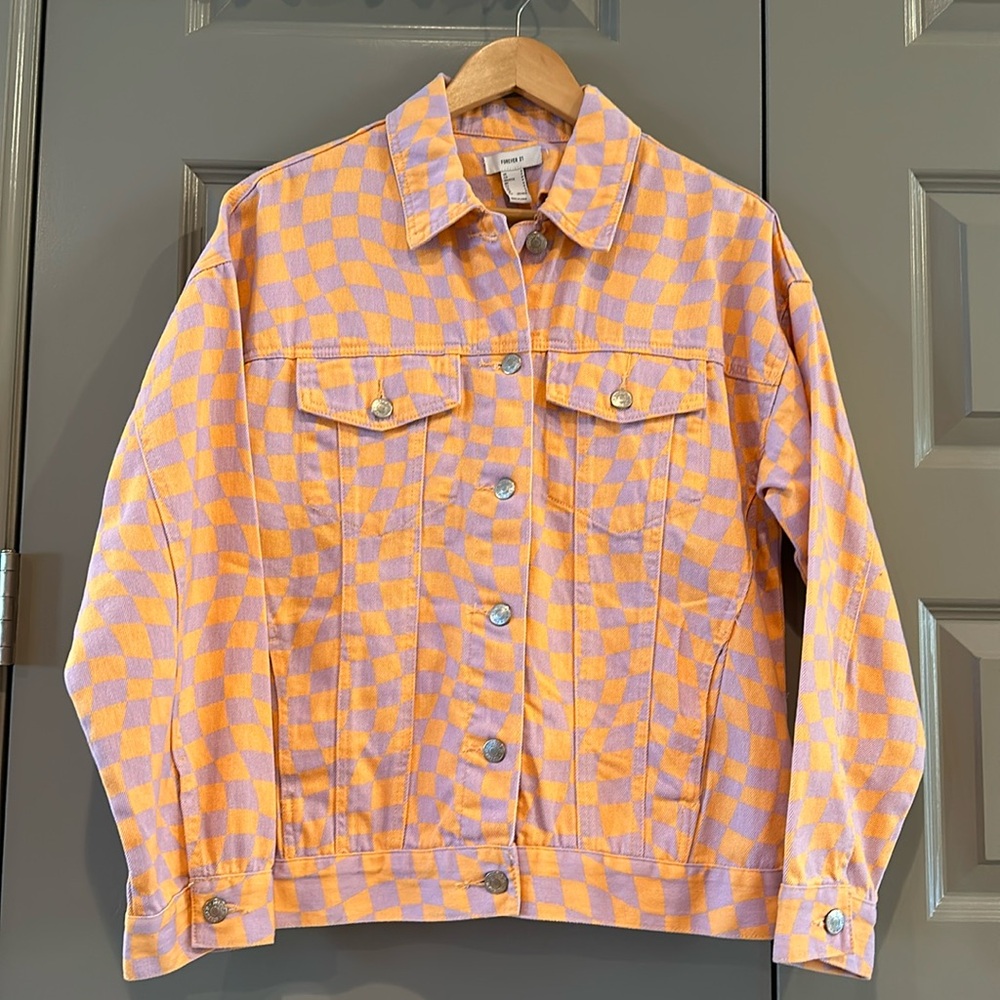 Forever 21 Purple and Orange Checkered Jean Jacket